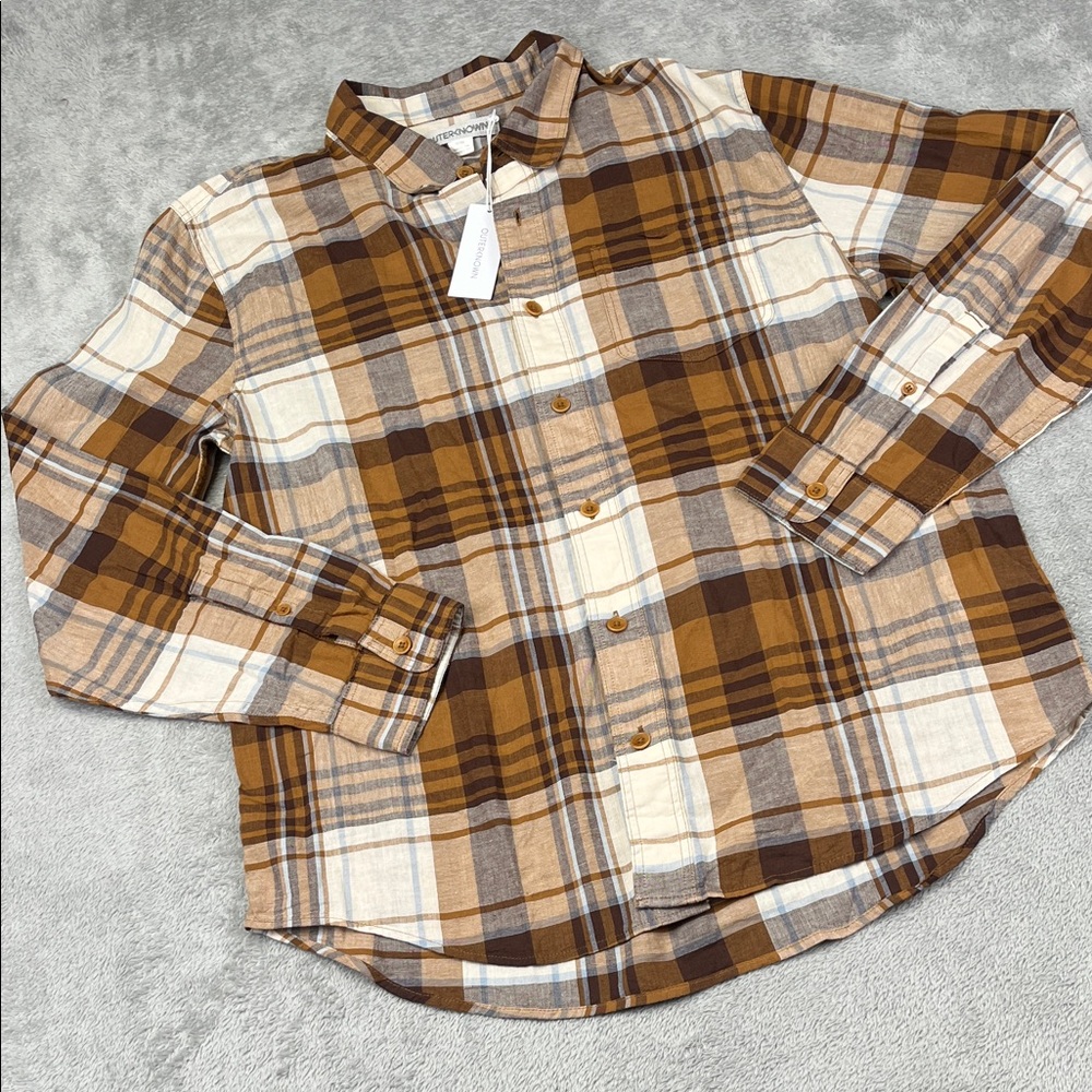 NEW Outerknown M 100% Organic Cotton Men's Brown Plaid Shirt